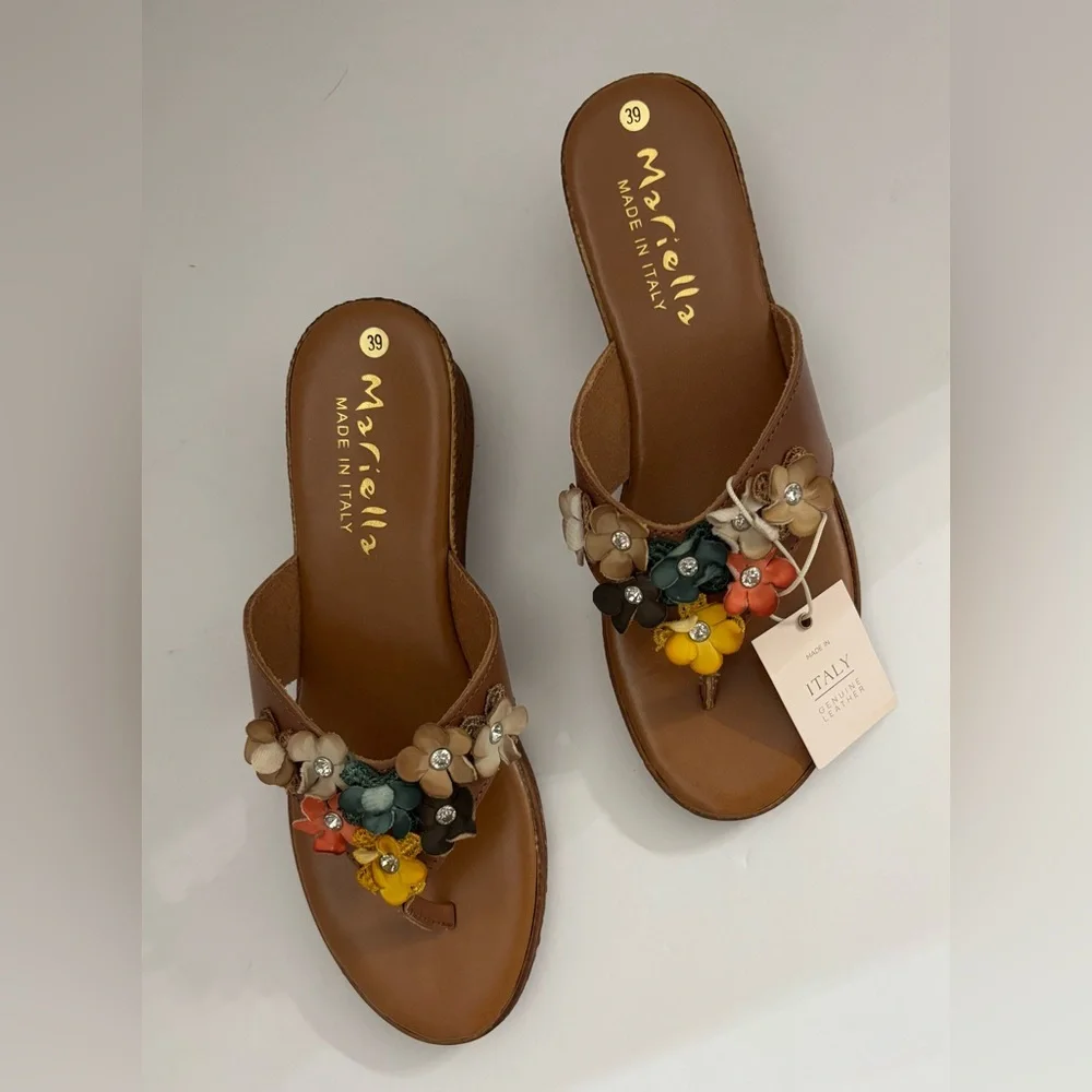 Mariella Women Made in Italy Tan Leather Floral Wedge Sandals Size 39 Summer
